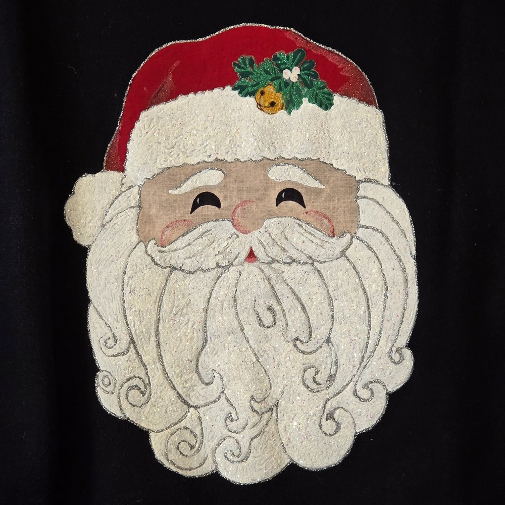 Vintage Christmas Sweatshirt 2XL Black Fleece Crewneck Santa Glitter Holiday - Picture 2 of 9